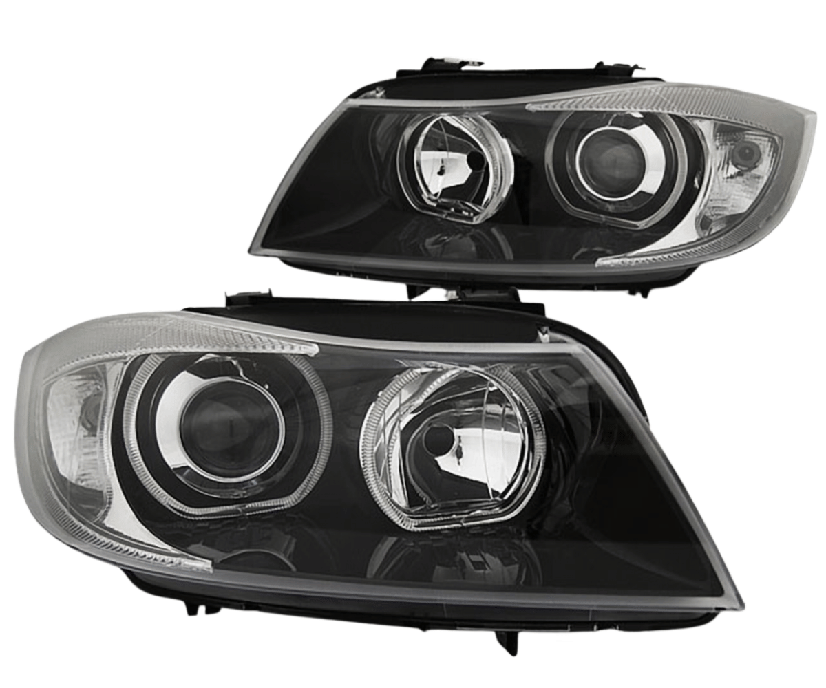 Scheinwerfer mit Angel Eyes Ringen und schwarzem Einsatz für sportlichen Look für BMW E90 E91