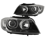 Scheinwerfer mit Angel Eyes Ringen und schwarzem Einsatz für sportlichen Look für BMW E90 E91