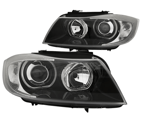 Scheinwerfer mit Angel Eyes Ringen und schwarzem Einsatz für sportlichen Look für BMW E90 E91