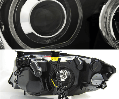 LED Scheinwerfer für BMW E90 E91 mit Tagfahrlicht Ringen und schwarzem Einsatz, Rückseite mit Anschlüssen
