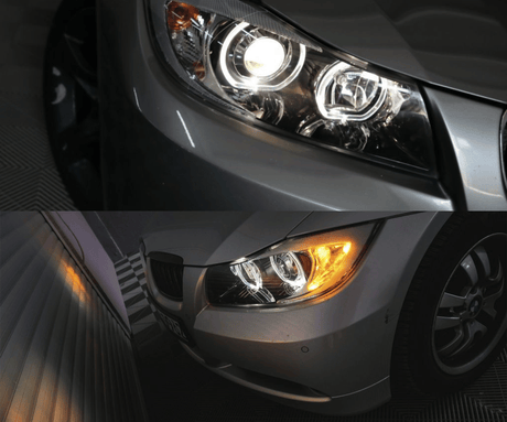 Scheinwerfer mit LED-Standlichtringen und gelbem Blinker, Tuning-Scheinwerfer für BMW E90 E91
