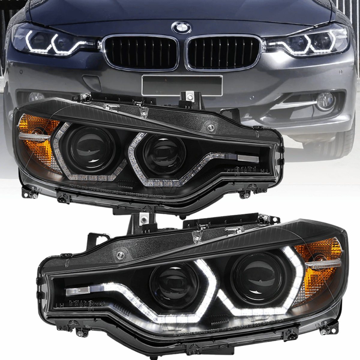Scheinwerfer Set mit Angel Eyes und LED Tagfahrlicht DRL Schwarz für BMW 3er F30 F31