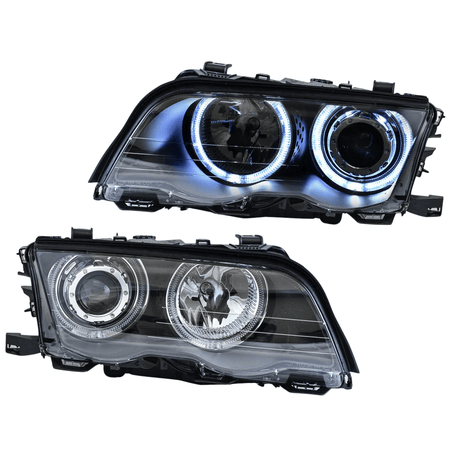 Scheinwerfer mit blauen Angel Eyes und LED-Ringen, schwarzes Gehäuse, Tuning-Scheinwerfer für BMW E46