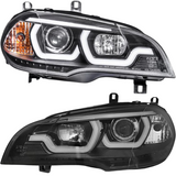 Halogen Scheinwerfer Set Schwarz für BMW X5 E70 2007–2013 mit 3D LED Angel Eyes Tagfahrlicht
