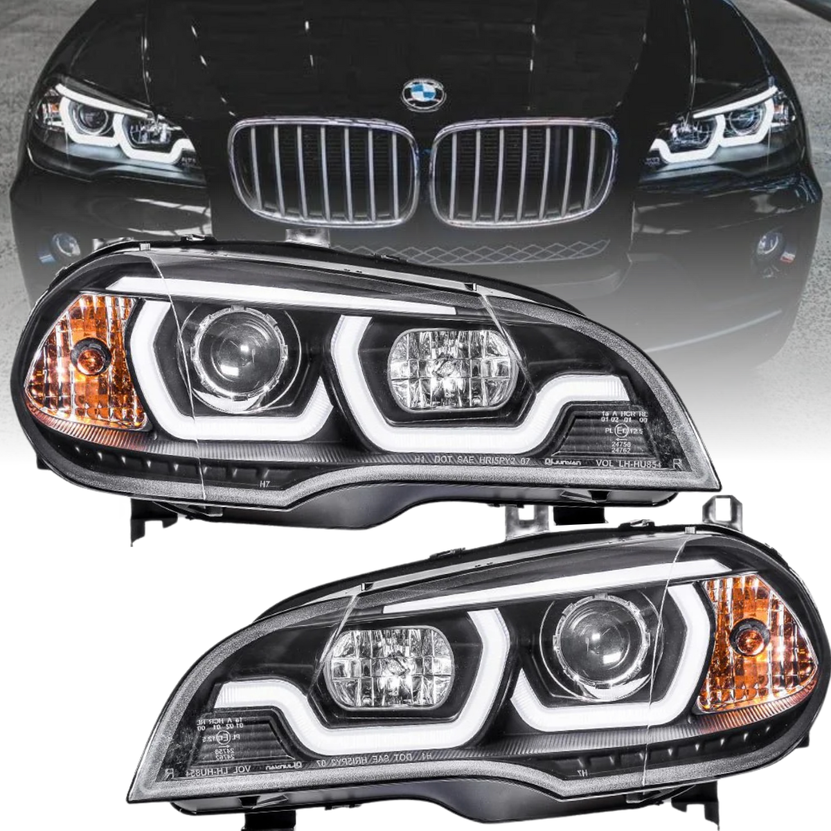 Halogen Scheinwerfer Set Schwarz für BMW X5 E70 2007–2013 mit 3D LED Angel Eyes Tagfahrlicht