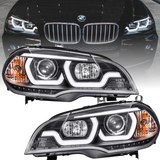 Halogen Scheinwerfer Set Schwarz für BMW X5 E70 2007–2013 mit 3D LED Angel Eyes Tagfahrlicht