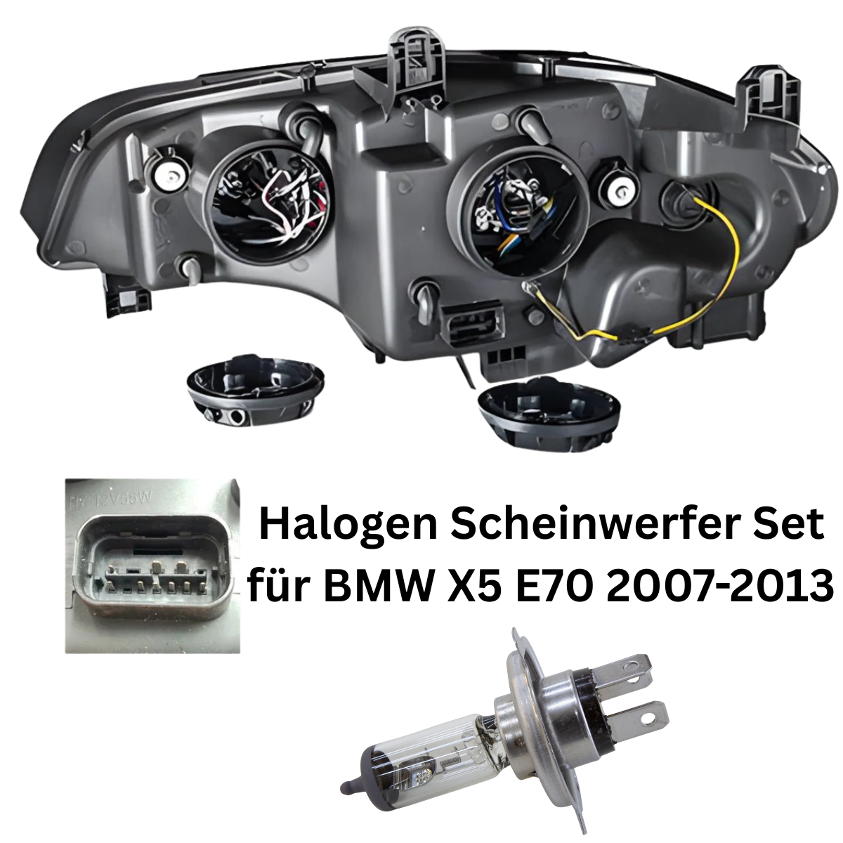 Halogen Scheinwerfer Set Schwarz für BMW X5 E70 2007–2013 mit 3D LED Angel Eyes Tagfahrlicht