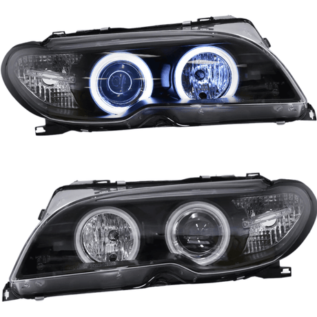LED Scheinwerfer mit Angel Eyes und blauem Standlicht, schwarzes Gehäuse für BMW E46