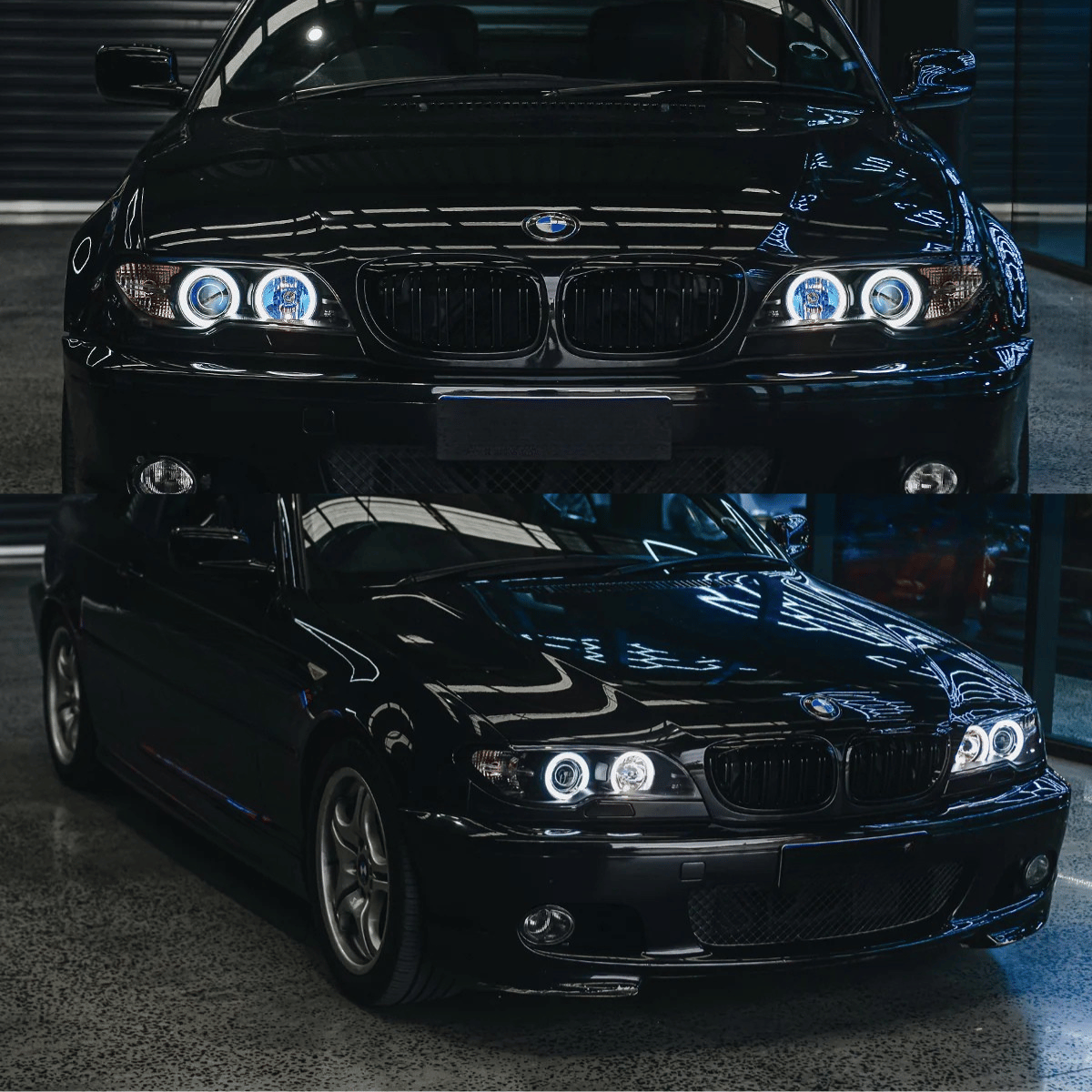 Scheinwerfer mit weißen Angel Eyes und LED-Standlicht, schwarzer BMW für BMW E46