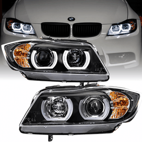 3D LED Angel Eyes Scheinwerfer Set Schwarz für BMW 3er E90 E91, mit weißem Standlichtring und orangem Blinker
