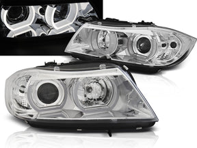 3D Angel Eyes Xenon Scheinwerfer Set Chrom für BMW 3er E90 E91 2005-2008 Tuning Scheinwerfer