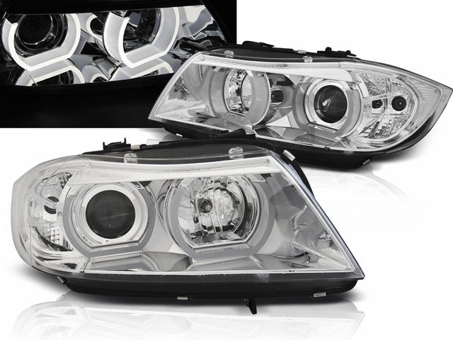 3D Angel Eyes Xenon Scheinwerfer Set Chrom für BMW 3er E90 E91 2005-2008 Tuning Scheinwerfer