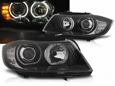 Scheinwerfer mit Angel Eyes und LED-Tagfahrlicht, schwarz, Tuning-Scheinwerfer für BMW E90 E91