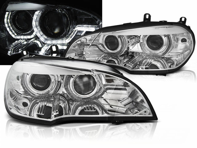 3D Angel Eyes Xenon Scheinwerfer Set Chrom für BMW X5 E70 2007-2010 mit True DRL