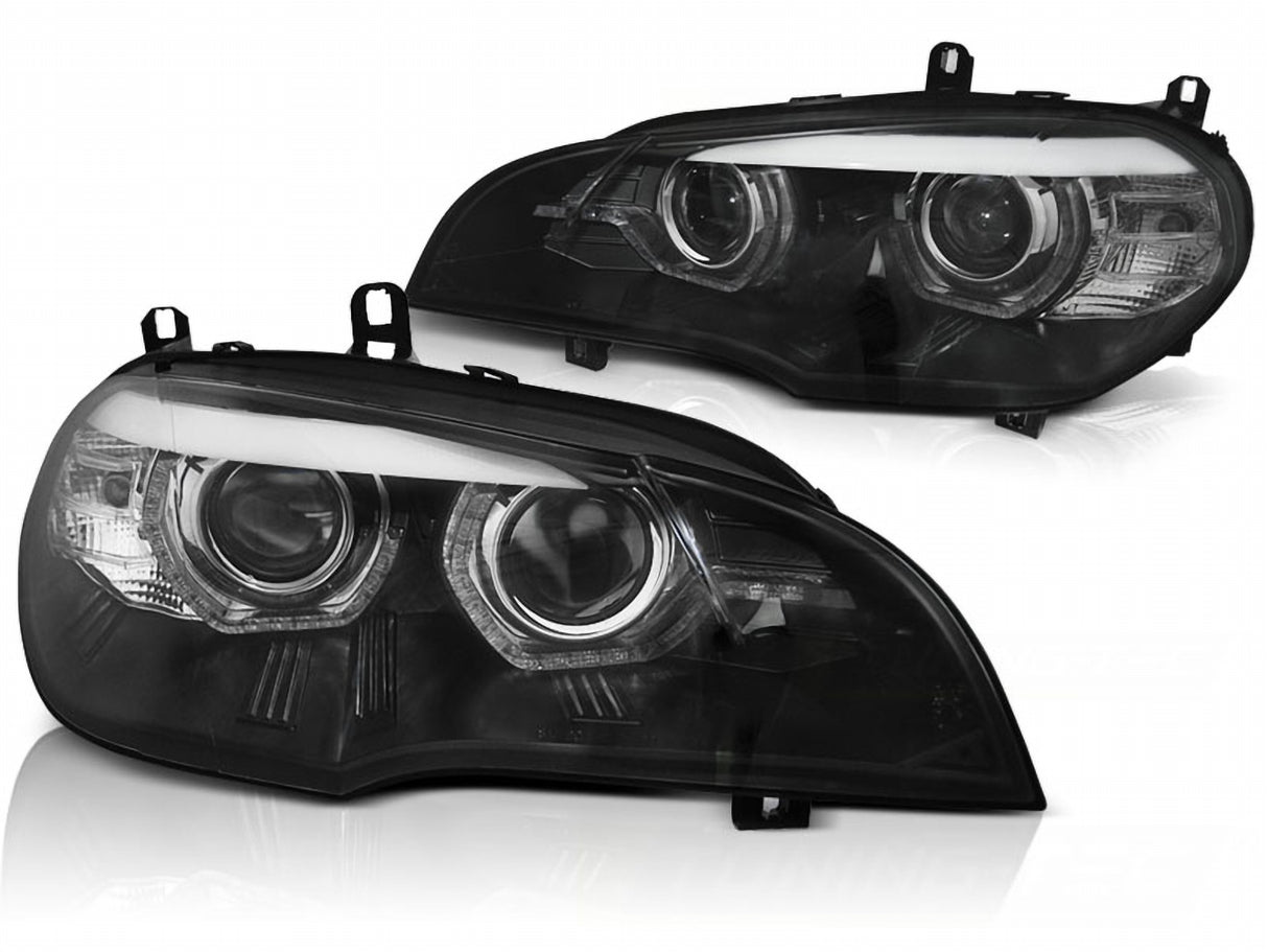 Schwarze LED Scheinwerfer für BMW X5 E70 mit Ringen und Tagfahrlichtstreifen