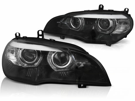 Schwarze LED Scheinwerfer für BMW X5 E70 mit Ringen und Tagfahrlichtstreifen