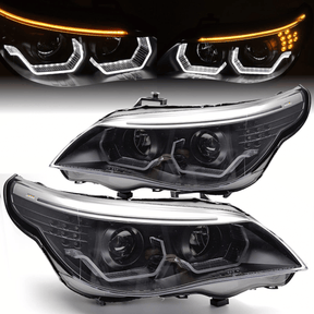 3D Angel Eyes Scheinwerfer Set Schwarz für BMW 5er E60 E61 2003-2007 - CR Tuning