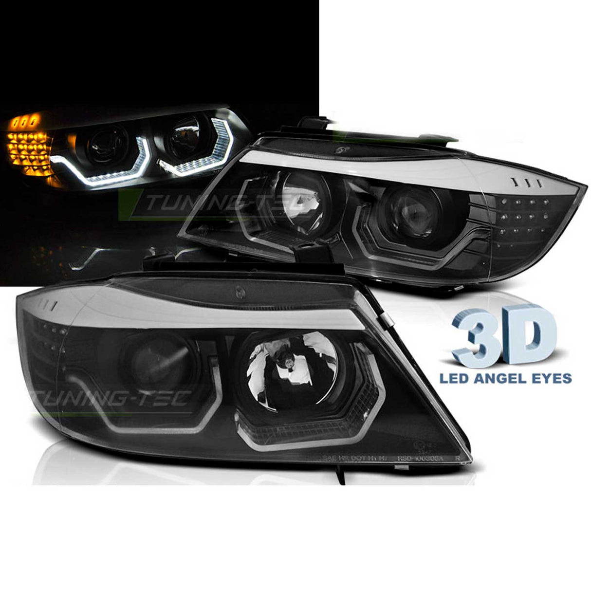 LED Angel Eyes Scheinwerfer Set 3D schwarz für BMW E90/E91 03/2005-08/2008
