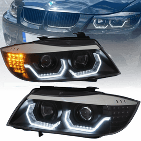 Scheinwerfer Set Schwarz mit 3D Angel Eyes LED und gelben Blinkern für BMW 3er E90 E91