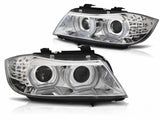 LED Scheinwerfer für BMW E90 E91 mit Tagfahrlicht und Doppel-Angel Eyes, schwarz, Paar