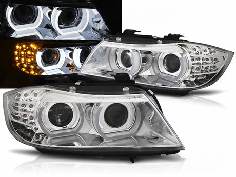 3D Angel Eyes Xenon Scheinwerfer Set mit LED Tagfahrlicht Chrom für BMW 3er E90 E91 2009–2011 AFS kompatibel - CR Tuning