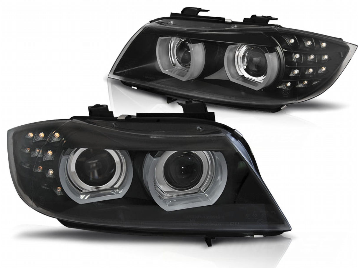 Schwarze LED Scheinwerfer mit Doppel-Angel Eyes für BMW E90 E91, Tuning Scheinwerfer
