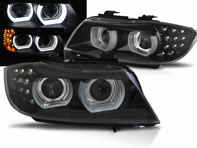 Scheinwerfer Set mit LED Tagfahrlicht Schwarz AFS kompatibel für BMW 3er E90 E91 3D Angel Eyes Xenon