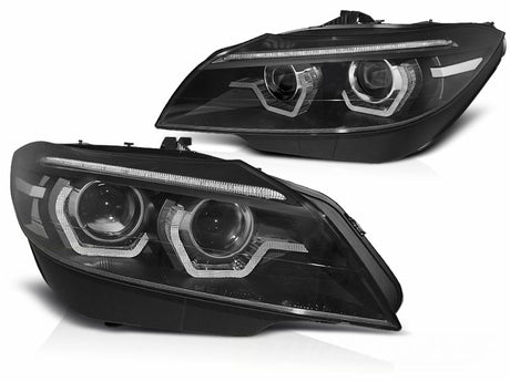 Schwarze LED Scheinwerfer für BMW E90 E91 mit Tagfahrlicht und Angel Eyes, Tuning Scheinwerfer