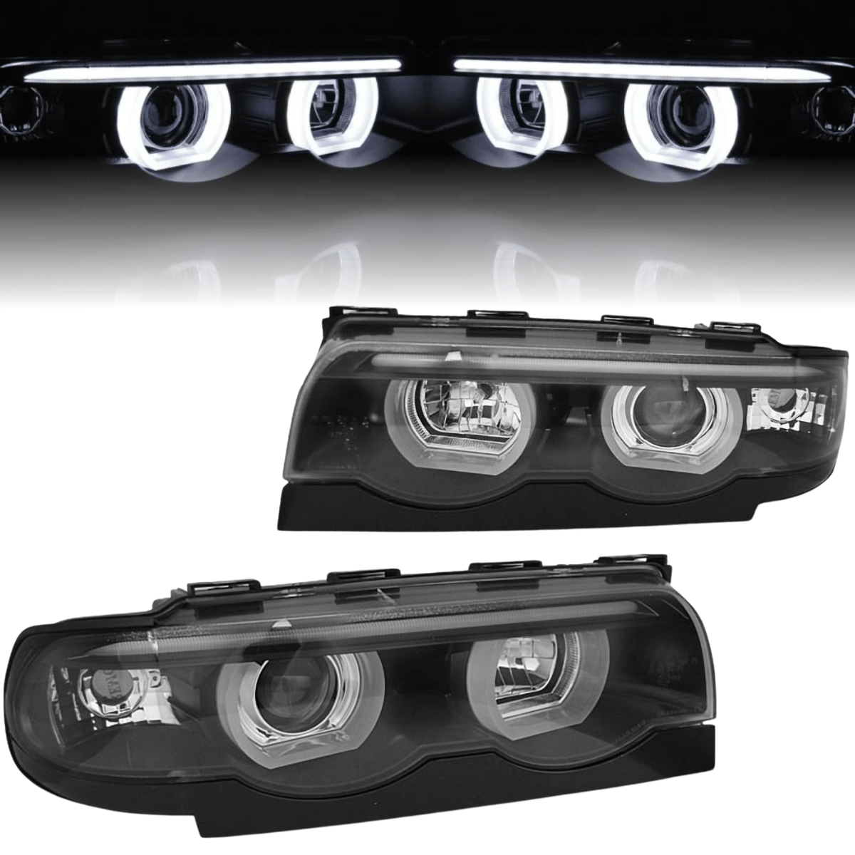 3D LED Angel Eyes Halogen Scheinwerfer Set für BMW 7er E38 1994–2001 Schwarz - CR Tuning