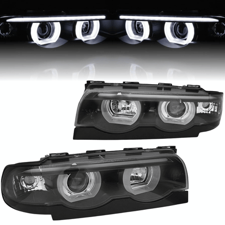 3D LED Angel Eyes Halogen Scheinwerfer Set für BMW 7er E38 1994–2001 Schwarz - CR Tuning