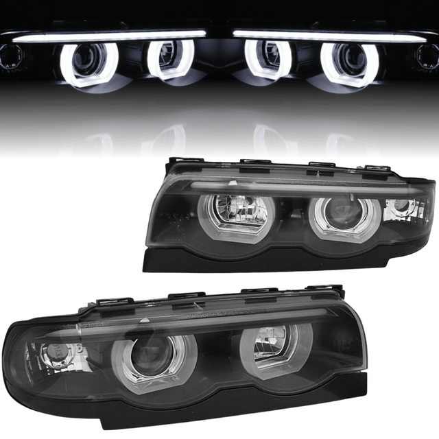 3D LED Angel Eyes Halogen Scheinwerfer Set für BMW 7er E38 1994–2001 Schwarz - CR Tuning