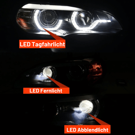 Angel Eyes LED Scheinwerfer Set Schwarz für BMW X5 E70 2007–2013 ohne AFS
