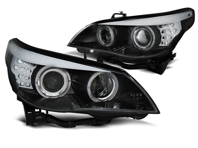 Angel Eyes Xenon Scheinwerfer Set Schwarz mit LED Blinker für BMW 5er E60 E61 2003-2004