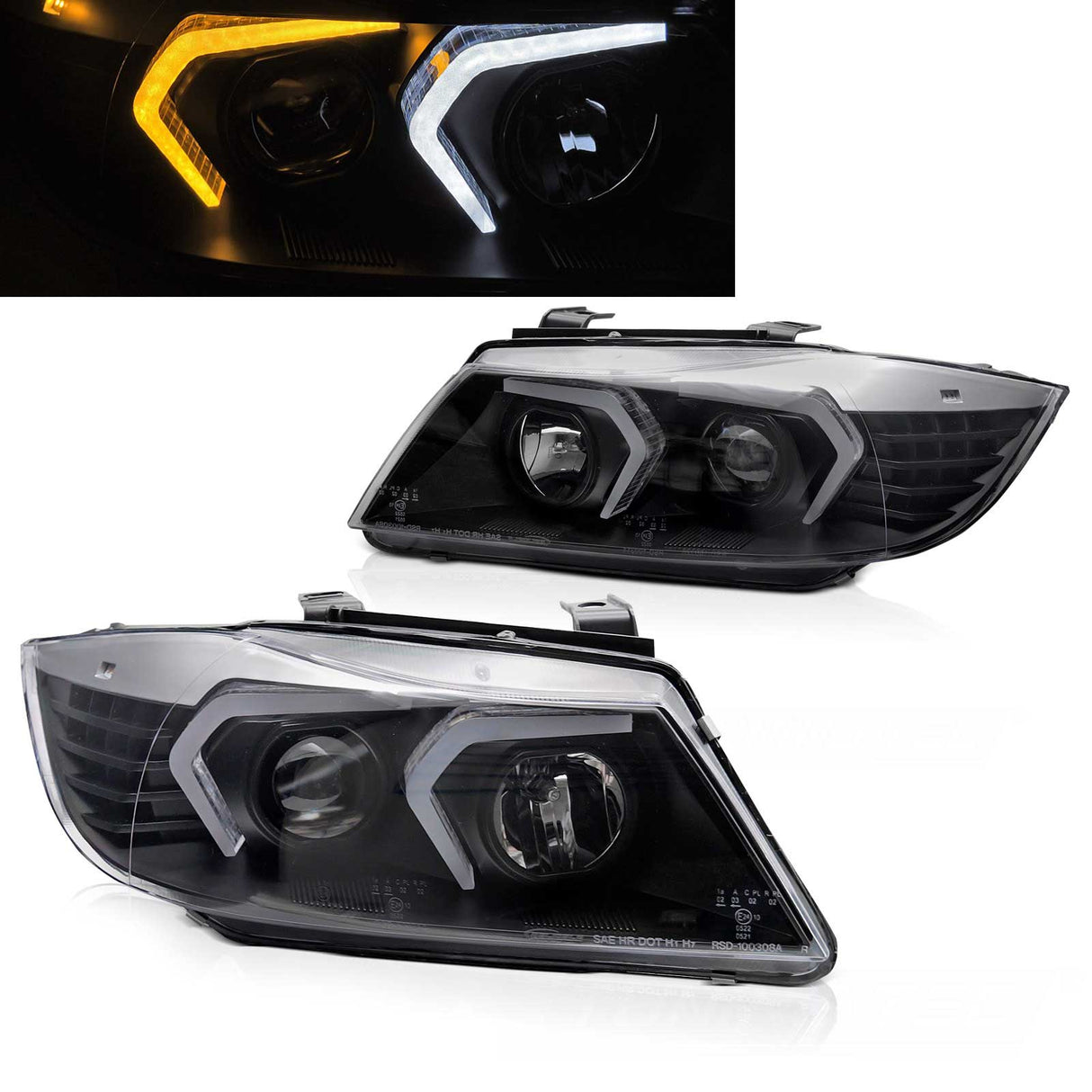 LED Angel Eyes Scheinwerfer Set 3D schwarz für BMW E90/E91 03/2005-08/2008
