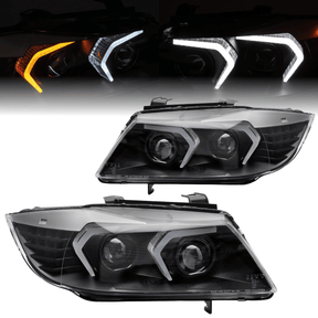 Voll LED Scheinwerfer Set Schwarz für BMW 3er E90 E91 2005-2008 mit markanten Lichtbändern