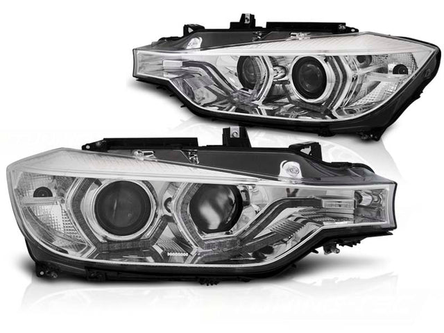 Angel Eyes Scheinwerfer Chrom für BMW 3er F30 F31 mit gelben LED Tagfahrlichtern