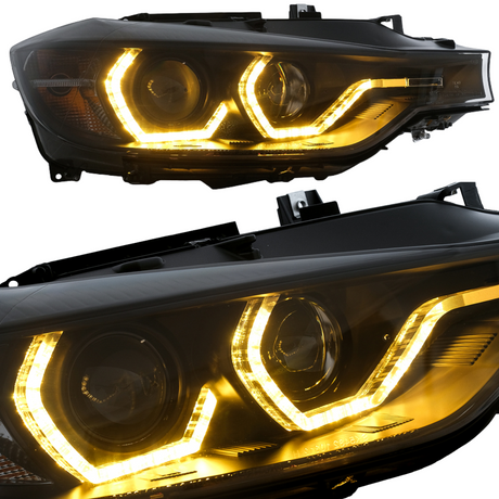 LED Scheinwerfer mit gelben Tagfahrlicht Ringen, schwarzes Gehäuse für BMW E90 E91