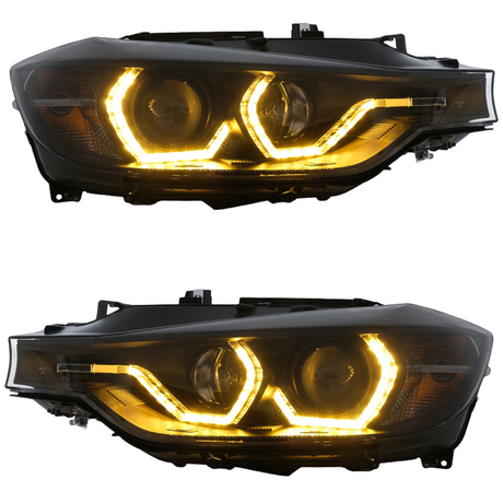 LED Scheinwerfer mit gelben Angel Eyes und Tagfahrlicht Funktion für BMW E90 E91
