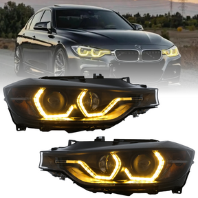 Scheinwerfer Set schwarz mit gelben LED Tagfahrlichtern für BMW 3er F30 F31 Angel Eyes