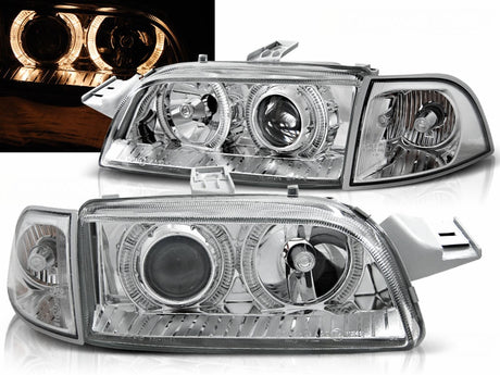 Chrom Scheinwerfer mit Ringen für BMW E46, LED Tagfahrlicht Optik, Tuning Scheinwerfer