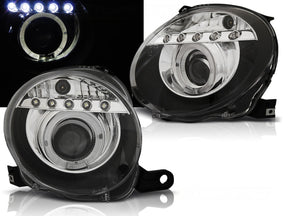 LED Scheinwerfer Set Schwarz Fiat 500 2007-2012 mit Angel Eyes und Tagfahrlicht