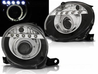 LED Scheinwerfer Set Schwarz für Fiat 500 2007–2012 mit Angel Eyes