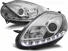 Chrom LED Scheinwerfer Set für Fiat Grande Punto Facelift 08-09 mit Tagfahrlichtstreifen
