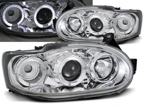 Angel Eyes Scheinwerfer chrom für Ford Escort MK7 1995-2000, LED Tagfahrlicht, Tuning Scheinwerfer