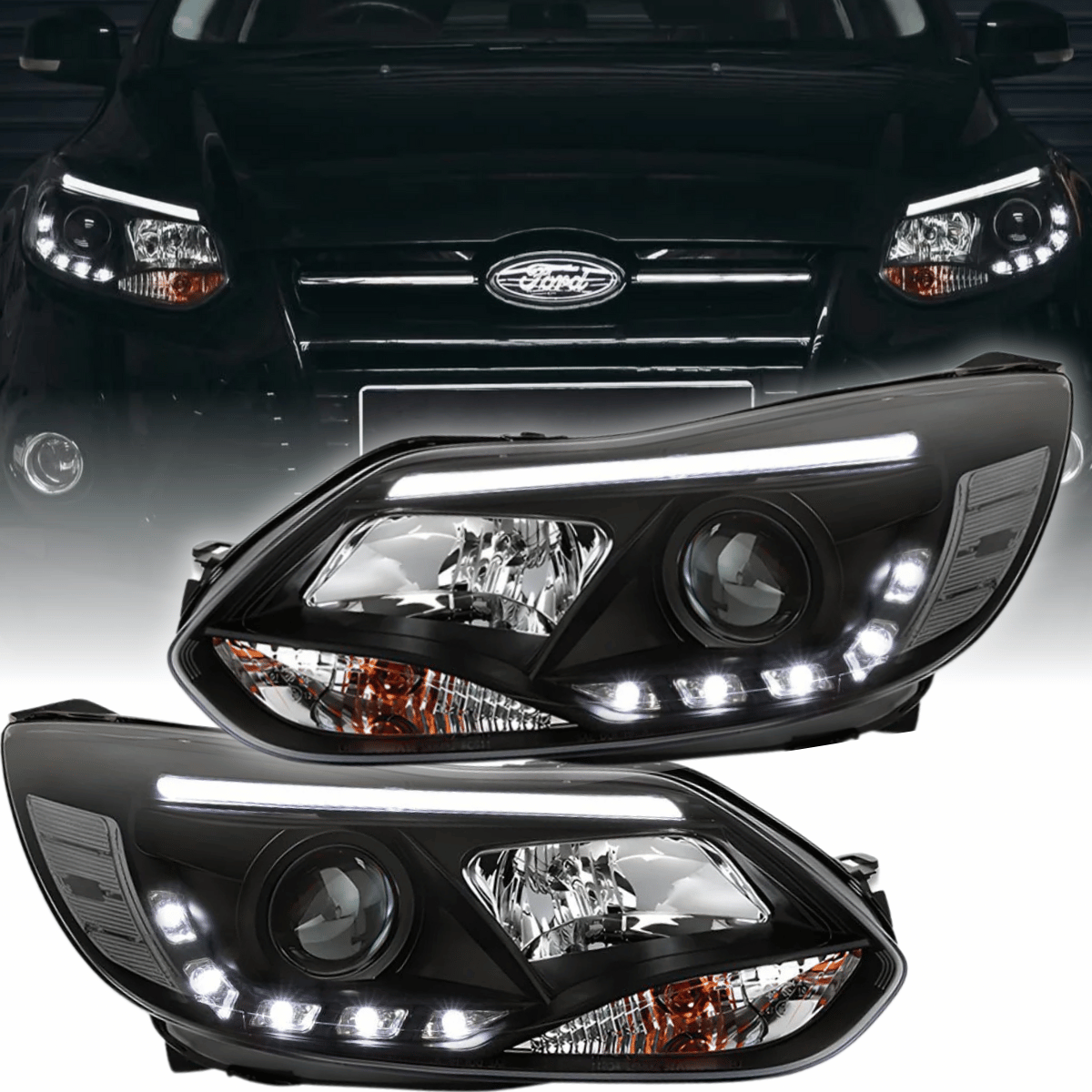 LED Light Tube Scheinwerfer in schwarz für Ford Focus MK3 2011-2014