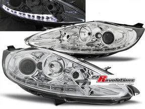 Chrom LED Scheinwerfer Set Ford Fiesta MK7 08-12 mit Tagfahrlicht Streifen