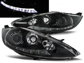 Schwarze LED Scheinwerfer für Ford Fiesta MK7 08-12 mit Tagfahrlicht-Optik