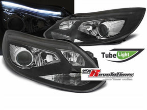 Schwarze LED Light Tube Scheinwerfer für Ford Focus MK3 11-10.2014, Tuning Scheinwerfer mit Tagfahrlicht