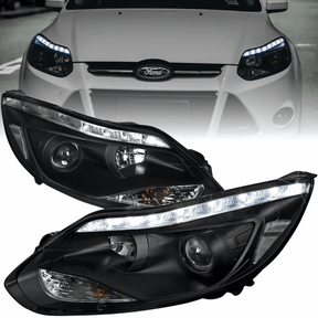 Scheinwerfer Set schwarz mit LED Standlichtleiste, 2011-2014, CR-Tuning für Ford Focus MK3
