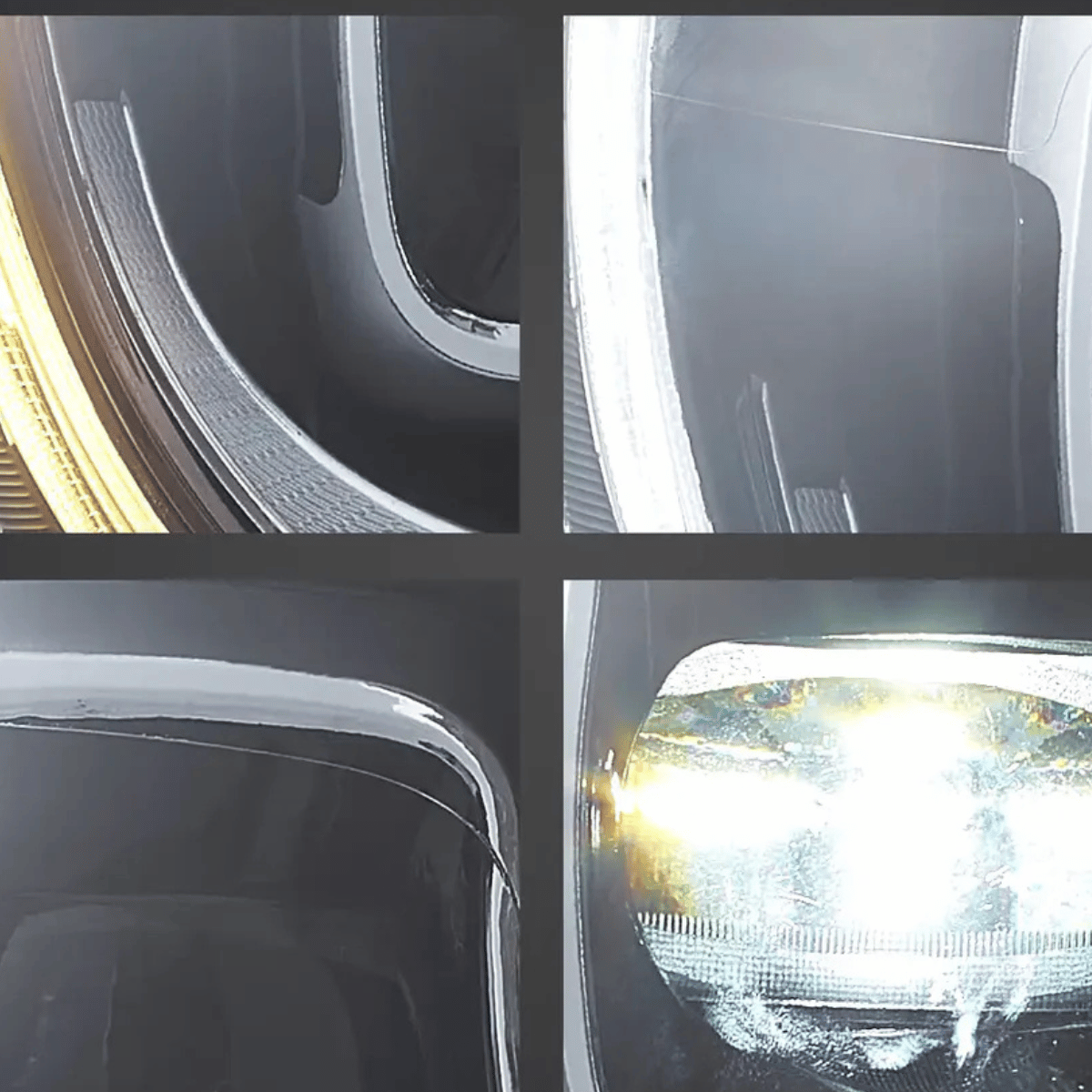 Detailansicht heller LED-Scheinwerfer mit Tagfahrlicht, Blinker und Abblendlicht für moderne Fahrzeugoptik